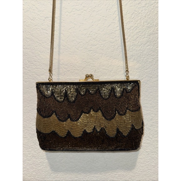 Vintage Heavily Beaded Clutch Evening Bag Handbag Purse Kiss lock Gold Multi Euc - Picture 2 of 13